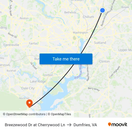 Breezewood Dr at Cherrywood Ln to Dumfries, VA map