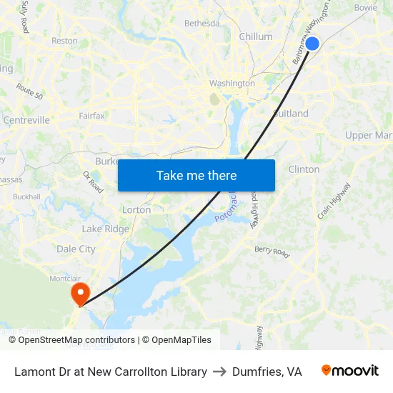 Lamont Dr at New Carrollton Library to Dumfries, VA map