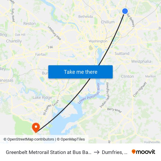 Greenbelt Metrorail Station at Bus Bay A to Dumfries, VA map