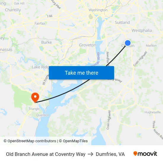 Old Branch Avenue at Coventry Way to Dumfries, VA map