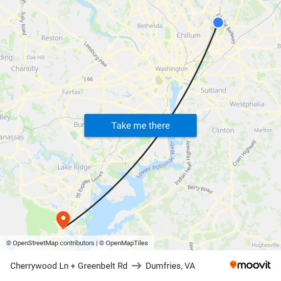 Cherrywood Ln + Greenbelt Rd to Dumfries, VA map