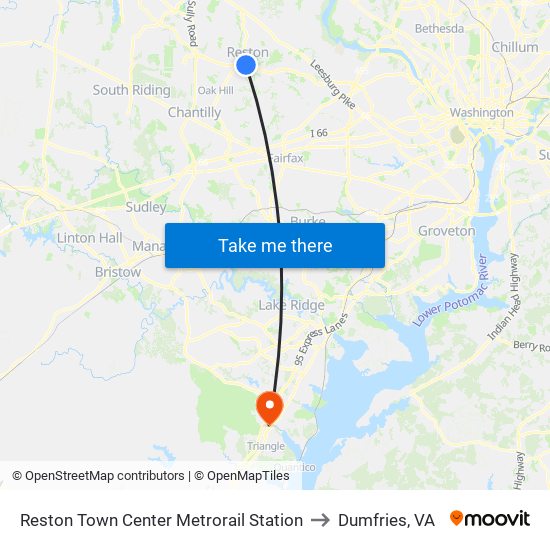 Reston Town Center Metrorail Station to Dumfries, VA map