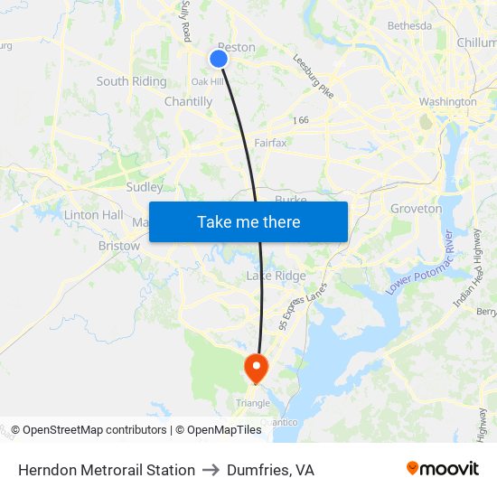 Herndon Metrorail Station to Dumfries, VA map
