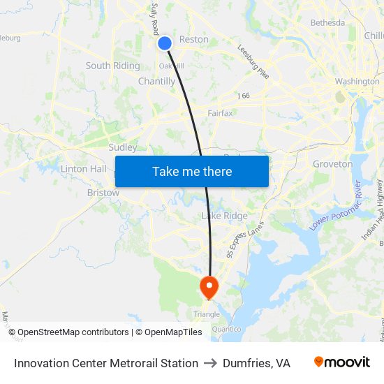 Innovation Center Metrorail Station to Dumfries, VA map