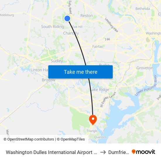 Washington Dulles International Airport Metrorail Station to Dumfries, VA map