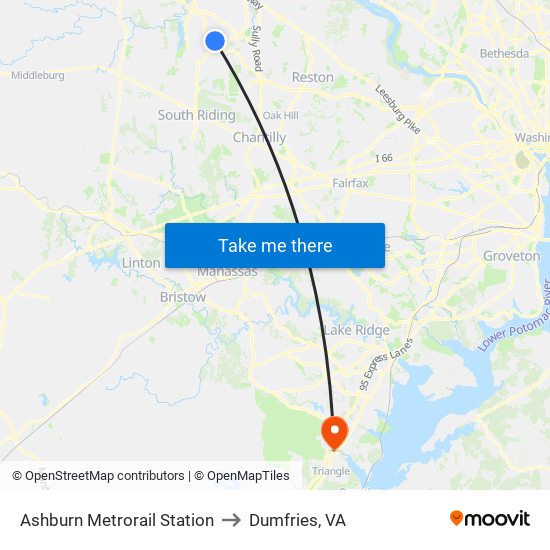 Ashburn Metrorail Station to Dumfries, VA map