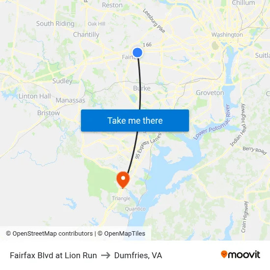 Fairfax Blvd at Lion Run to Dumfries, VA map