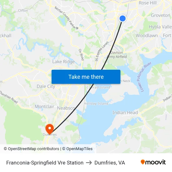 Franconia-Springfield Vre Station to Dumfries, VA map