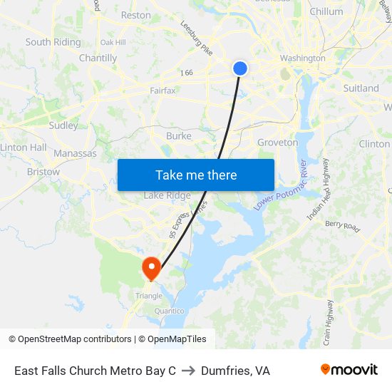 East Falls Church Metro Bay C to Dumfries, VA map