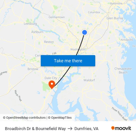 Broadbirch Dr & Bournefield Way to Dumfries, VA map