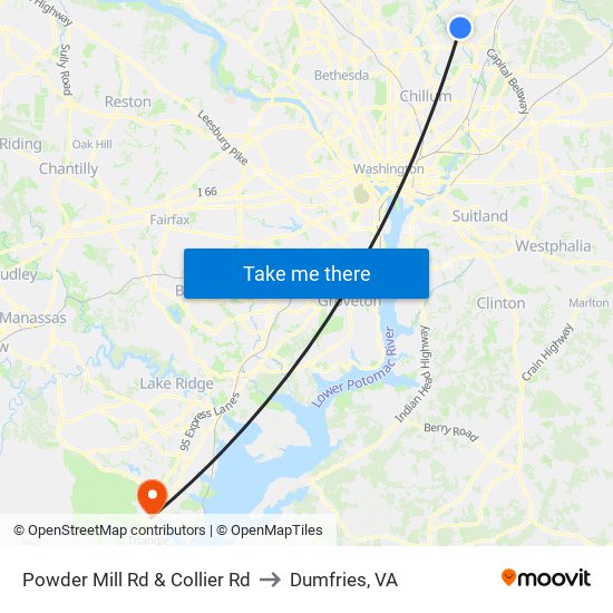 Powder Mill Rd & Collier Rd to Dumfries, VA map