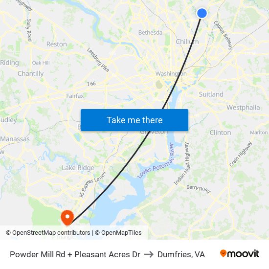 Powder Mill Rd + Pleasant Acres Dr to Dumfries, VA map