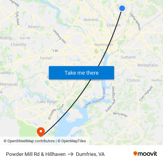 Powder Mill Rd & Hillhaven to Dumfries, VA map