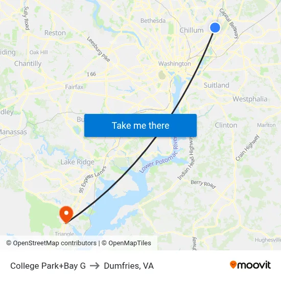 College Park+Bay G to Dumfries, VA map