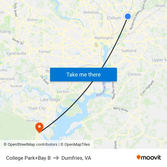 College Park+Bay B to Dumfries, VA map