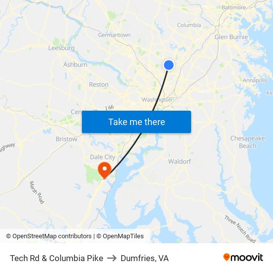 Tech Rd & Columbia Pike to Dumfries, VA map