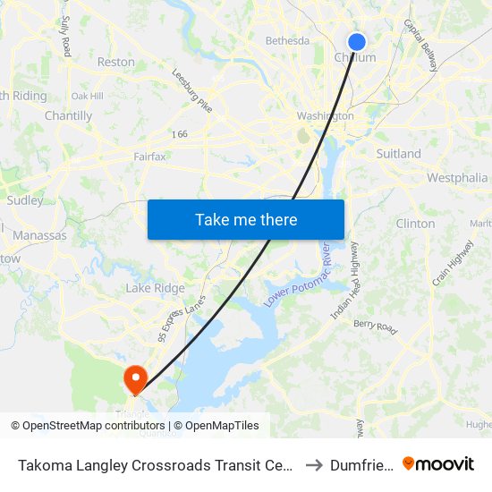 Takoma Langley Crossroads Transit Center + Bus Bay A to Dumfries, VA map