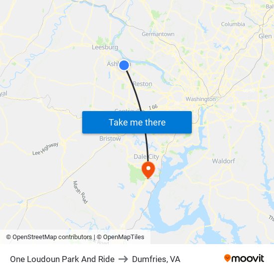 One Loudoun Park And Ride to Dumfries, VA map