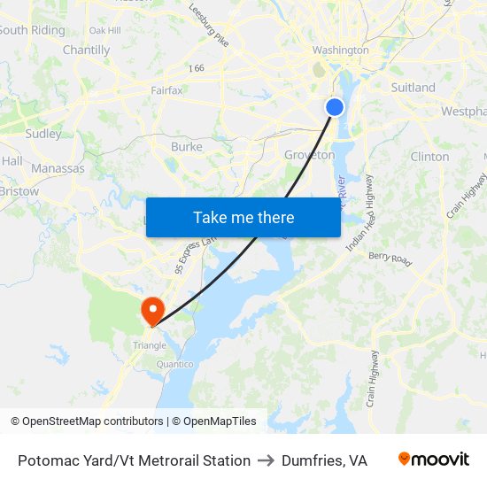 Potomac Yard/Vt Metrorail Station to Dumfries, VA map