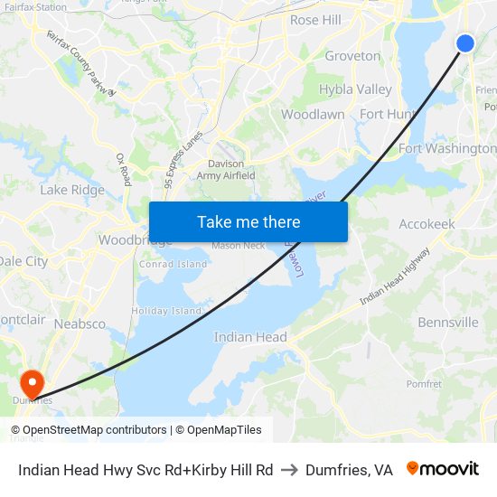 Indian Head Hwy Svc Rd+Kirby Hill Rd to Dumfries, VA map