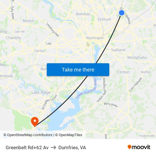 Greenbelt Rd+62 Av to Dumfries, VA map