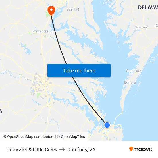 Tidewater & Little Creek to Dumfries, VA map