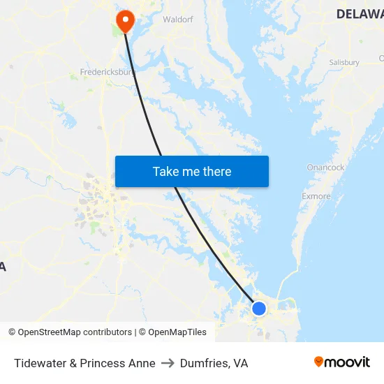 Tidewater & Princess Anne to Dumfries, VA map