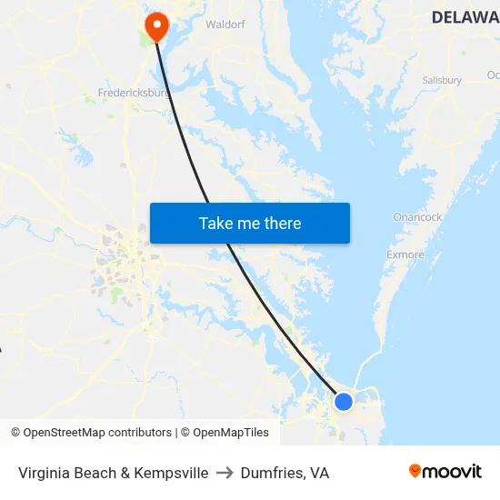 Virginia Beach & Kempsville to Dumfries, VA map
