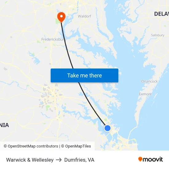 Warwick & Wellesley to Dumfries, VA map