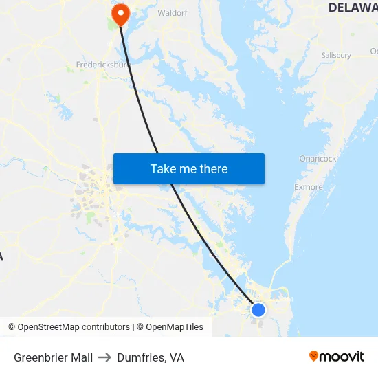 Greenbrier Mall to Dumfries, VA map
