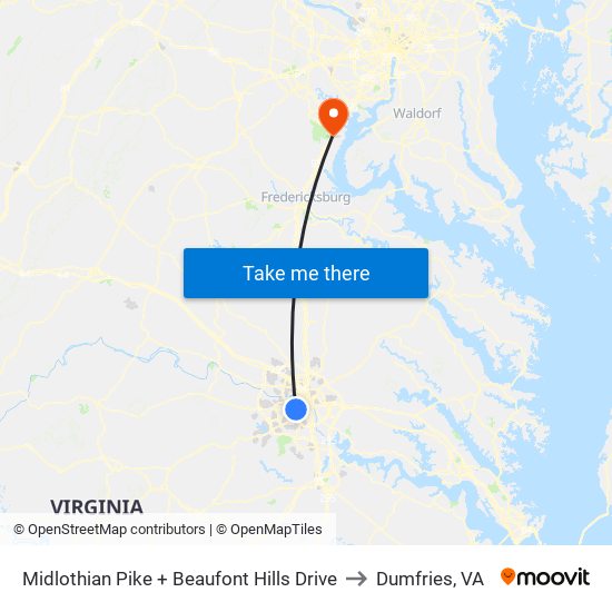 Midlothian Pike + Beaufont Hills Drive to Dumfries, VA map