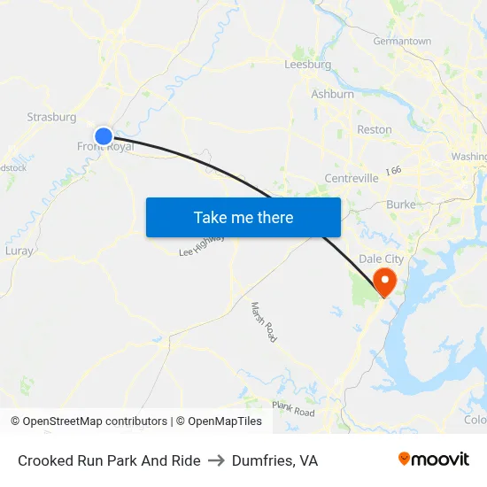 Crooked Run Park And Ride to Dumfries, VA map
