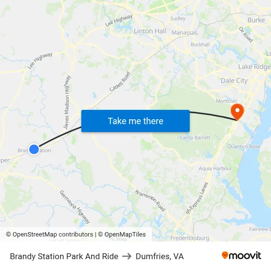 Brandy Station Park And Ride to Dumfries, VA map