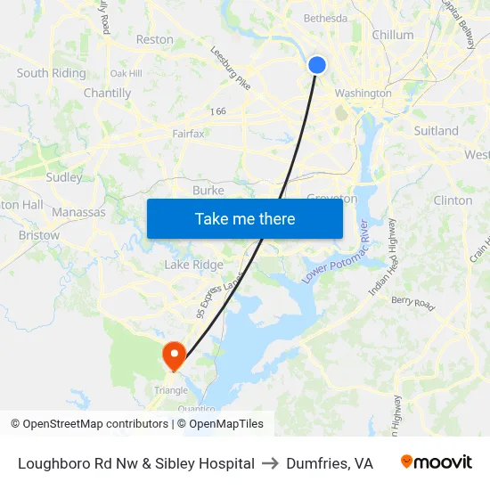Loughboro Rd Nw & Sibley Hospital to Dumfries, VA map