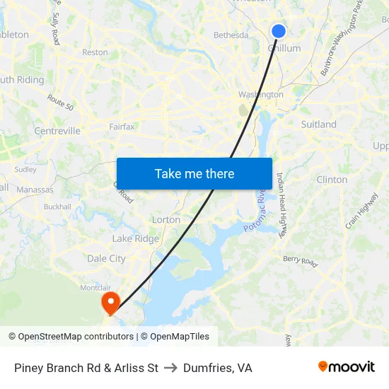 Piney Branch Rd & Arliss St to Dumfries, VA map