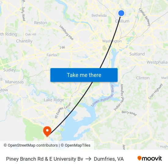 Piney Branch Rd & E University Bv to Dumfries, VA map