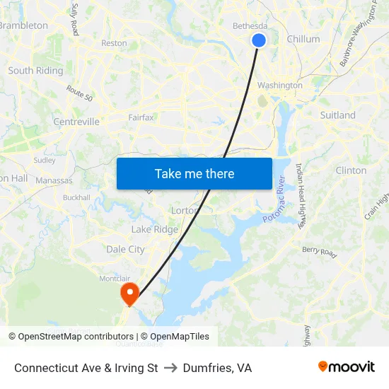Connecticut Ave & Irving St to Dumfries, VA map