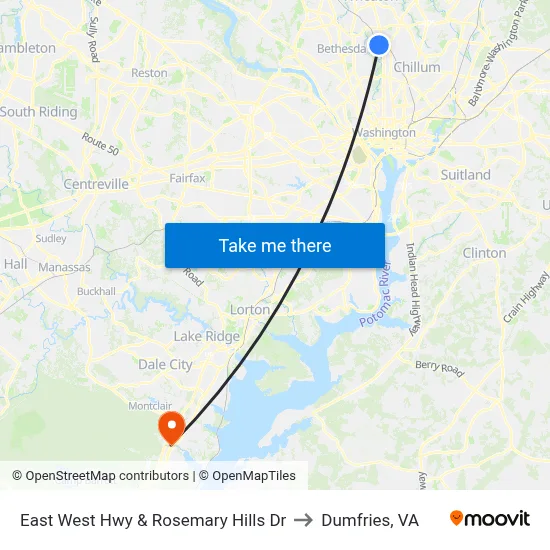 East West Hwy & Rosemary Hills Dr to Dumfries, VA map