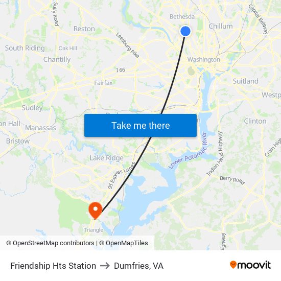 Friendship Hts Station to Dumfries, VA map