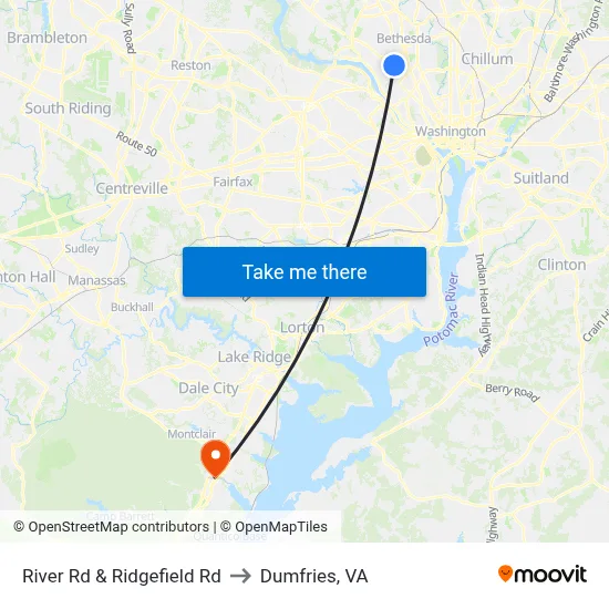 River Rd & Ridgefield Rd to Dumfries, VA map