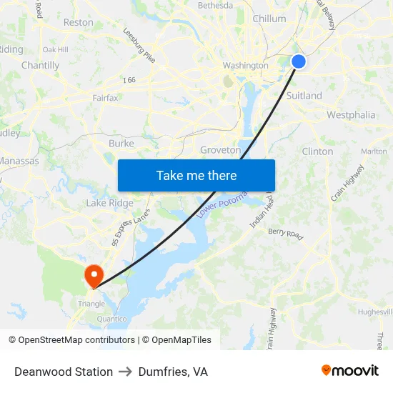 Deanwood Station to Dumfries, VA map