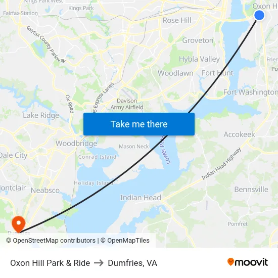 Oxon Hill Park & Ride to Dumfries, VA map