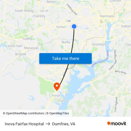 Inova Fairfax Hospital to Dumfries, VA map