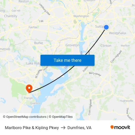 Marlboro Pike & Kipling Pkwy to Dumfries, VA map