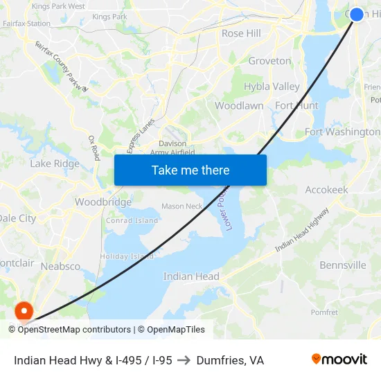 Indian Head Hwy & I-495 / I-95 to Dumfries, VA map