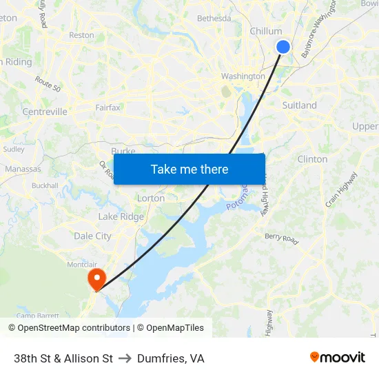 38th St & Allison St to Dumfries, VA map