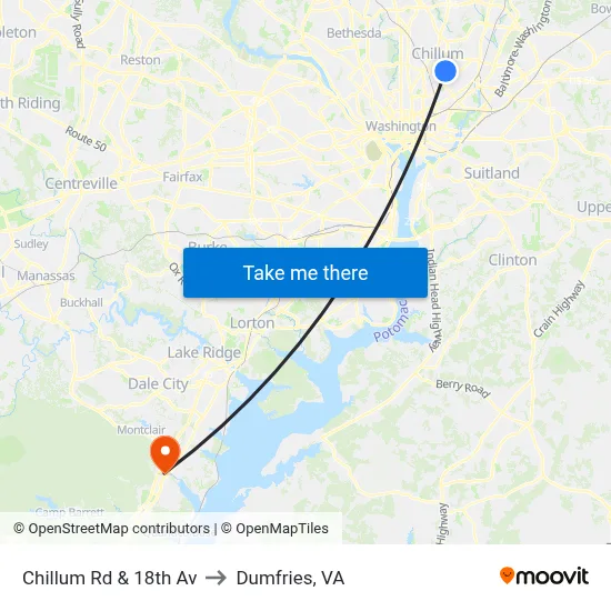 Chillum Rd & 18th Av to Dumfries, VA map