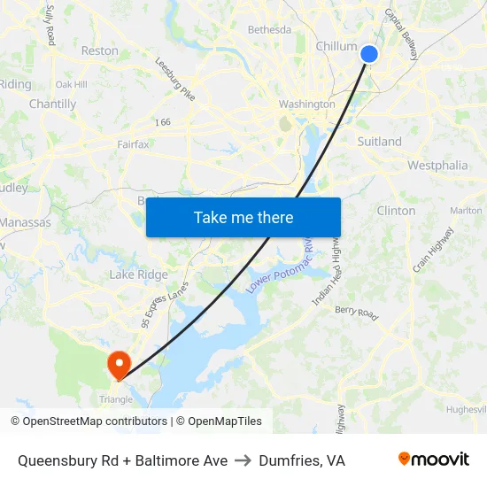 Queensbury Rd + Baltimore Ave to Dumfries, VA map