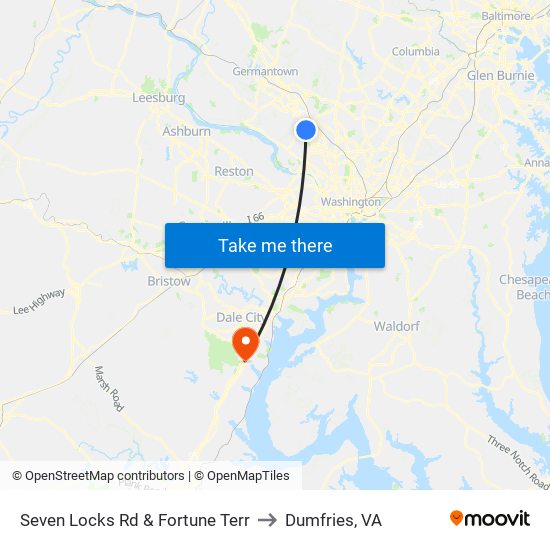 Seven Locks Rd & Fortune Terr to Dumfries, VA map