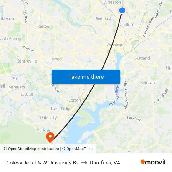 Colesville Rd & W University Bv to Dumfries, VA map